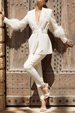 Goosudu Solid Color Feather Trim Elegant Belted Pant Suit