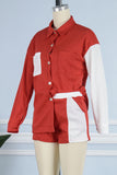 Goosudu Casual Solid Patchwork Buckle Turndown Collar Long Sleeve Two Pieces