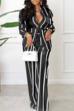 Goosudu Casual Striped Print Letter Turndown Collar Long Sleeve Two Pieces