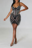 Goosudu Rhinestone & Beaded Decor Hot Tassel Trim See-Through Mini Dress