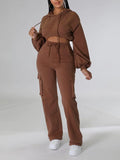 Goosudu Solid Cropped Hoodie & Pants Set