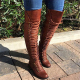 Goosudu Camel Pu Cross Strap Block Heel Knee High Boots