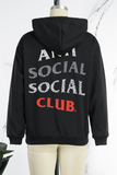 Goosudu Street Vintage Print Solid Draw String Letter Hooded Collar Tops