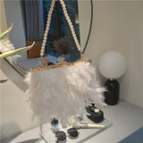 Goosudu Daily Party Patchwork Feathers Chains Pearl Bags