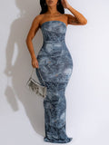 Goosudu Denim-Print Strapless Dress