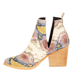 Goosudu Slip On Cutout Pointed Toe Snakeskin Mid Heel Ankle Boots