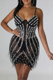 Goosudu Rhinestone & Beaded Decor Hot Tassel Trim See-Through Mini Dress