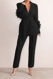 Goosudu Solid Color Feather Trim Elegant Belted Pant Suit