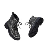 Goosudu Women Sexy Sequin Lace-Up Ankle Chunky Heel Boots