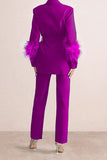 Goosudu Solid Color Feather Trim Elegant Belted Pant Suit