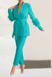 Goosudu Solid Color Feather Trim Elegant Belted Pant Suit