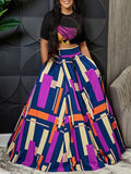 Goosudu Graphic Crop Top & Colorblock Slit Skirt Set