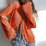 Women Pleated Plain Shirts Spring Fall Chic Long Flare Sleeve V- Neck Tie Up Cardigans Tops for Casual Party Street