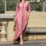 goosudu  Women Long Sleeve Long Maxi Dress Summer Vintage Checked Plaid Turn Down Neck Shirt Dresses Button Up Party Vestidos Robe