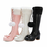 Lolita High Boots Winter Warm Fur Neck Girls Cosplay Party JK Princess Shoes Lace Up Bowtie Chunky Heel Side Zipper PU Leather