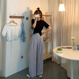 Summer Loose Casual Long Women Fashion Thin High Waist Pants Black Simple Wide-leg Pants Trousers Korean