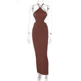 goosudu Ribbed Halter Hollow Out Backless Skinny Maxi Dress  Bodycon Sexy Streetwear Evening Party Club Elegant Clothing