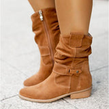 Winter Warm Suede Women Boots Vintage Zipper Shoes Buckle Lady Mid-Calf Boot Outdoor Thick Low Heel Female Pointed Booties