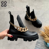 goosudu ZA Winter High Quality Platform Gold Chain Fashion Ankle Boots Women Cool Punk Motorcycles Shoes ботинки женские