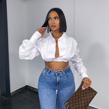 goosudu  Long Puff Sleeve Solid Botton Ruched Patchwork Tshirt Top Autumn Winter Women Fashion Sexy Party Club Outfits