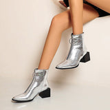 Big Size 34-48 Ankle Boots Women Silver Black Front Zipper Short Boots Ladies Thick Chunky Medium Heel Biker Boot Shoes