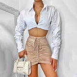 goosudu  Long Puff Sleeve Solid Botton Ruched Patchwork Tshirt Top Autumn Winter Women Fashion Sexy Party Club Outfits