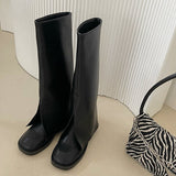 goosudu New Brand Women Boots Knee-high Flat Heel Long Boots Shoes Ladies Winter Slip On Square Toe Casual Martin Boots