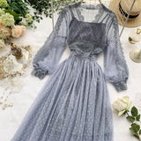 Women Mesh Lace Crochet Dresses V-neck Elegant Prom Puff Sleeves Dress Women Summer Dot Prom Party Sexy Slim Swing Long Dress