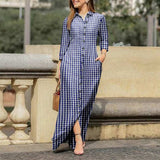 goosudu  Women Long Sleeve Long Maxi Dress Summer Vintage Checked Plaid Turn Down Neck Shirt Dresses Button Up Party Vestidos Robe