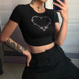 Y2k Aesthetic Graphic Tank Tops Women Rhinestone Heart Shape Print Vest O Neck Short Sleeve Crop Top Summer Slim Tanks Short Top