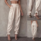 Goosudu  Satin Lace Up High Waist Harem Pants Zipper Women Autumn Pleated Loose Pockets Long Trousers Casual Office Ladies Pant