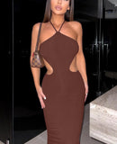 goosudu Ribbed Halter Hollow Out Backless Skinny Maxi Dress  Bodycon Sexy Streetwear Evening Party Club Elegant Clothing