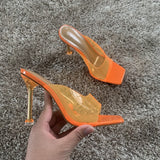 goosudu Summer Women sandals Sexy Transparent Heel Slippers Sandal Shoes Woman Thin High Heels Square Toe Sandal Lady Pump Shoes Mules