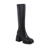 goosudu Woman Knee High Boots Classic White Square Toe Platform High Heel Long Boots PU Leather Slip-on Boots Black Party Dress Shoes