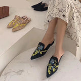 goosudu  Spring Women Slipper Embroidery Flower Sandal Shoes Slip On Pointed Toe Mules Low Heel Casual Slides Big Size 41