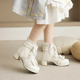 Sweet Bowknot Ruffles Med Heels Shoelace Gothic Lolita Style Ankle Boots Japanese Harajuku Women Shoes Big Size 43