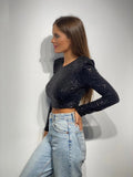 Goosudu  Fantoye Sequin Slim Pullover Tops Women Black Long Sleeve Round Neck Short Tops Women Spring Skinny Fashion Party Clubwear