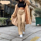 Goosudu  High Waist Solid Zip Up Botton Wide Leg Pants Autumn Winter Women Fashion Streetwear Casual Trousers