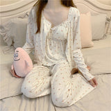 Goosudu Pajama Three Piece Set Print Camisole Cardigan with Chest Pad Trousers Homewear Women's Spring Summer Mori Girl Style