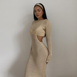 goosudu  Autumn Knitted Sexy See Through Long Sleeve Maxi Dress And Sleeveless Short Camisole Women Party Dresses Two Pieces Set