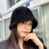 Hat winter women's fashion Solid color rabbit fur hat bucket cap  fisherman's hat retro knitted wool basin Bucket Hat