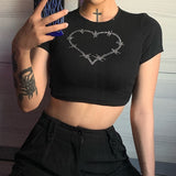 Y2k Aesthetic Graphic Tank Tops Women Rhinestone Heart Shape Print Vest O Neck Short Sleeve Crop Top Summer Slim Tanks Short Top