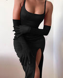 Solid With Integrated Corset And Gloves Satin Slip Sexy Maxi Dress Fall Slim Party Club Elegant Streetwear Outfit