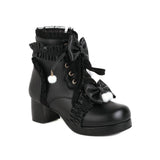 Sweet Bowknot Ruffles Med Heels Shoelace Gothic Lolita Style Ankle Boots Japanese Harajuku Women Shoes Big Size 43