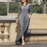 goosudu  Women Long Sleeve Long Maxi Dress Summer Vintage Checked Plaid Turn Down Neck Shirt Dresses Button Up Party Vestidos Robe