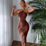 goosudu Ribbed Halter Hollow Out Backless Skinny Maxi Dress  Bodycon Sexy Streetwear Evening Party Club Elegant Clothing