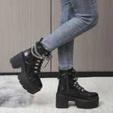 Winter Gothic Punk Womens Platform Boots Black Buckle Strap Zipper Creeper Wedges Shoes Mid Calf Military Combat Boots Women