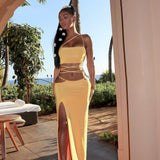 Strapless Crop Top and Long Dress Two Piece Set Yellow Women Summer Outfits Slit Party Club Vacation Beach Maxi Dress