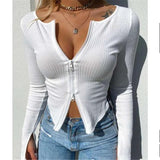 Women T-shirt Spring Autumn Clothes Ribbed Knitted Long Sleeve Crop Tops Zipper Design Tee Sexy Female Slim Black White Tops