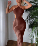 goosudu Ribbed Halter Hollow Out Backless Skinny Maxi Dress  Bodycon Sexy Streetwear Evening Party Club Elegant Clothing